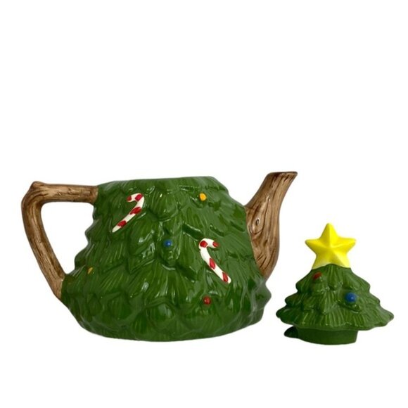 Holiday Teapot Christmas Tree Whimsical Vintage Glazed Ceramic Hand Painted - Picture 5 of 16